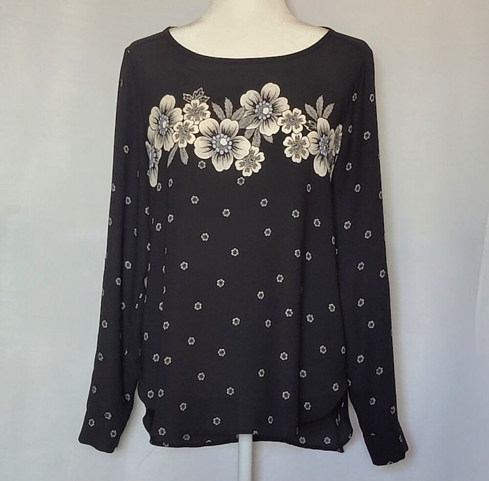 Ann Taylor LOFT Black w/Cream Floral Long Sleeve Career Top Blouse Womens Size M